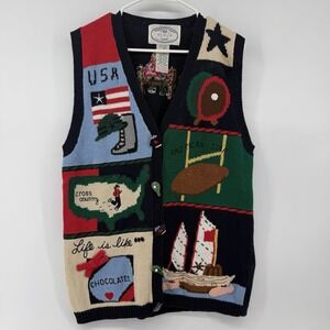 Vintage Eagles Eye Sweater Vest Womens Sz M Forrest Gump Novelty Buttons USA 90s
